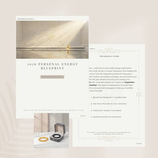 Digital preview of MyNovaNote 2026 Personalized Cosmic Blueprint energy report on a tablet